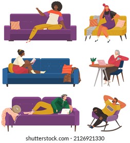 People resting at home relaxing on sofa or armchair having lazy free time and relax set of illustrations. Thinking or dreaming alone person in apartment, relaxation after work, take ones ease