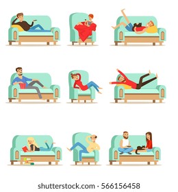 People Resting At Home Relaxing On Sofa Or Armchair Having Lazy Free Time And Rest Set Of Illustrations