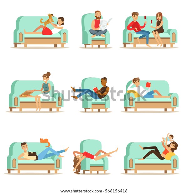 家でくつろぐ人々がソファや肘掛け椅子に座り ゆっくり自由な時間とイラストの休憩を持つ のベクター画像素材 ロイヤリティフリー