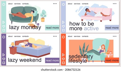 People resting at home vector set, happy man and woman relaxing having lazy free time on the couch and sofa. Young girl using her phone eating junk food. Man reading book on sofa cartoon illustration.