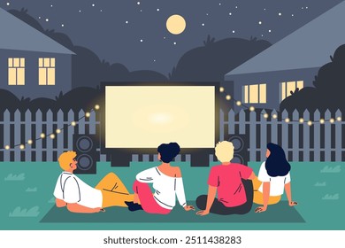 People resting at lawn on the blanket and watching movie on the big screen at house backyard flat vector illustration. Open air cinema with full moonlight at night. Outdoor video entertainment