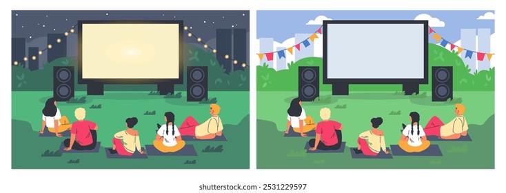 People resting at lawn on the plaids and watching movie on the big screen flat vector illustrations set. Open air cinema at night and day, outdoor video display. Entertainment weekend concept