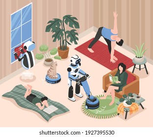 People resting in living room and robots cleaning windows hoovering carpet vacuum cleaning 3d isometric vector illustration