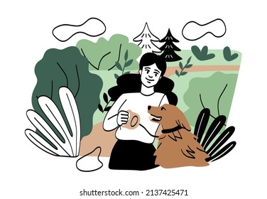 People resting in nature. Girl hugs dog, hostess with her pet on leash in forest. City or town park, rest and walk in fresh air. Weekends in spring or summer. Cartoon flat vector illustration