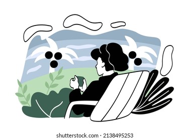 Gente que descansa en la naturaleza. La chica con taza se sienta y mira el valle. Campo, palmeras e isla tropical. Vacaciones, tranquilidad interior y relajación. Hermoso paisaje. Dibujo vectorial plano de dibujos animados