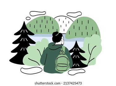 People resting in nature. Man or woman with backpack sits and looks at rain in forest, trees under cloud. Tranquility and fresh air. Internal comfort and coziness. Cartoon flat vector illustration
