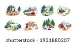 People resting in nature on adventure holidays. Set of families and friends relaxing outdoors. Colored flat cartoon vector illustration of winter and summer travelings isolated on white background