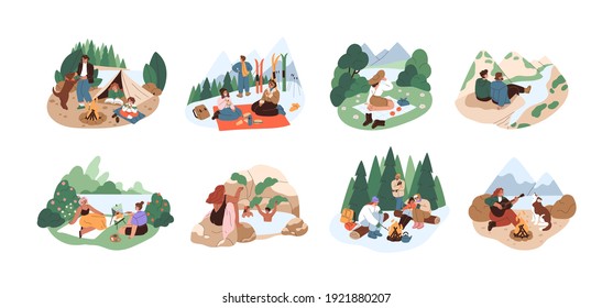 People Resting In Nature On Adventure Holidays. Set Of Families And Friends Relaxing Outdoors. Colored Flat Cartoon Vector Illustration Of Winter And Summer Travelings Isolated On White Background