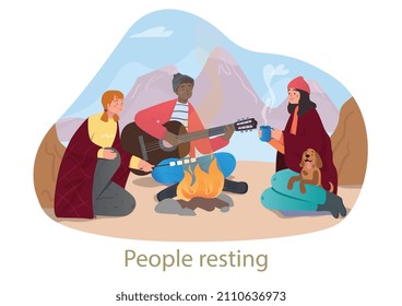 People resting in nature on adventure holidays. Young friends with dog sitting around campfire, playing guitar and having fun. Men and women went hiking in mountains. Cartoon flat vector illustration