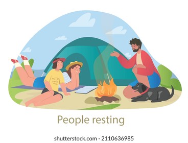 People Resting In Nature On Adventure Holidays. Family With Child And Dog Sits By Campfire And Tells Each Other Interesting Stories. Traveling Or Hiking In Forest. Cartoon Flat Vector Illustration