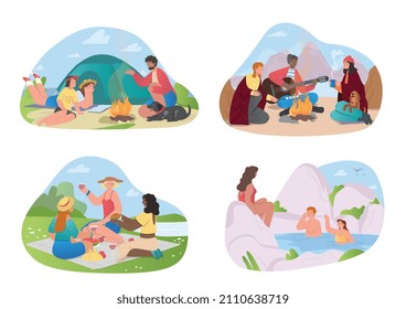 People resting in nature on adventure holidays. Families or friends talking around campfire, swim in river, play guitar and drink coffee outdoors. Cartoon flat vector set isolated on white background