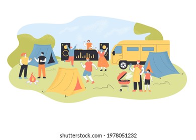 People resting in nature with tents and music. Flat vector illustration. Festival in open air, musical concert with DJ and dancing, cooking men, women, children. Nature, music event, camping concept