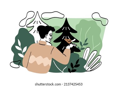 People resting in nature. Young guy holds bird in his hand. Love for nature and care for animals. Character in forestand fauna. Green edge, weekends and relaxation. Cartoon flat vector illustration