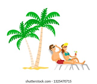 People resting near palm tree, lying on chaise lounge, woman holding cocktail. People wearing sunglasses and swimsuit, couple sunbathing, summer vector