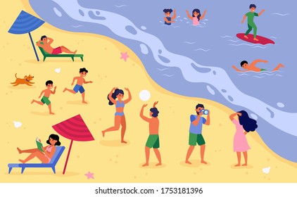 People resting ocean at beach on vacation flat vector illustration. Women sitting under umbrella, people surfing, swimming, walking on sea coast. Summer activity concept for retro design