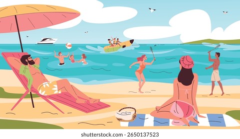 Pessoas descansando na praia. Férias de verão em família, amigos relaxam ilha à beira-mar surfar nadar mar mar água paisagem banhos de sol relaxar sol sol parasol, elegante vetor ilustração original arte