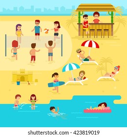 People are resting on the beach, summer vacation by the sea vector flat illustration. Men, womans, children on beach infographic elements. 