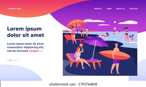 People resting on sea beach in summer. Women and men swimming and sitting under umbrella flat vector illustration. Vacation leisure concept for banner, website design or landing web page