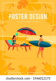 People resting on sea beach in summer. Women and men swimming and sitting under umbrella flat vector illustration. Vacation leisure concept for banner, website design or landing web page