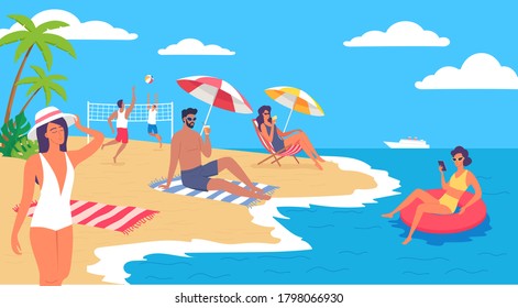 People resting on the summer tropical beach vector illustration