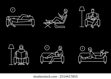 As pessoas descansam em vários tipos de sofás. Dormir, ler livros, assistir TV e usar telefones celulares. design plano estilo ilustração vetorial mínima.