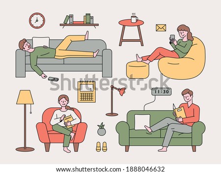 People are resting on various types of sofas. Sleeping, reading books, watching TV, and using mobile phones. flat design style minimal vector illustration.