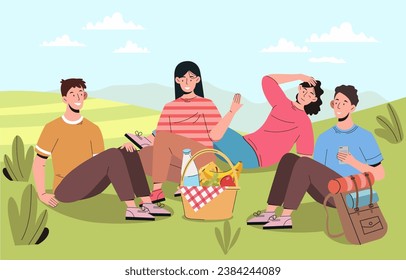 People resting outdoor concept. Men and women with basket of food at picnic. Active lifestyle and leisure at spring and summer season. Fruits and cheese. Cartoon flat vector illustration