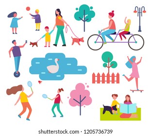 People resting in park activities. Playing games, tennis and picnic. Skating and riding bicycle, walking dog pet, swan floating on lake water vector