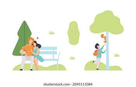 People Resting in Park with Couple Sitting on Bench and Kid Playing with Squirrel Vector Set