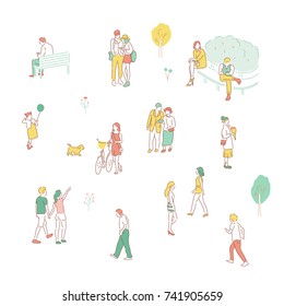 People resting in the par.k hand drawn illustrations. vector doodle design 