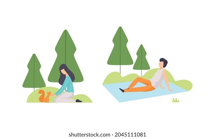 People Resting in Park with Man Sitting on Blanket and Woman Playing with Squirrel Vector Set