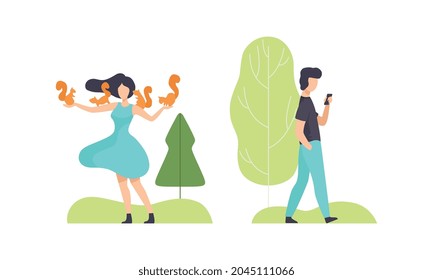 People Resting in Park with Woman Playing with Squirrel and Man with Smartphone Vector Set