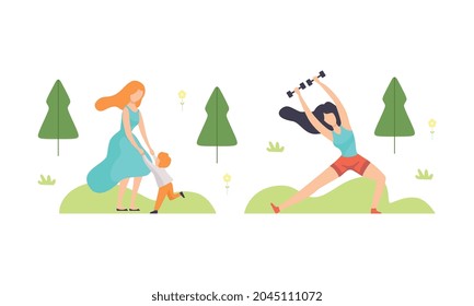 People Resting in Park with Woman Playing with Kid and Doing Physical Exercise Vector Set