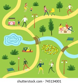 People resting and playing in the park. Different activities set. Including landscape. Cartoon map illustration for your design.