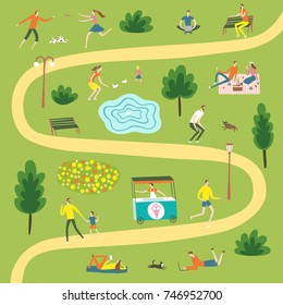 People resting and playing in the park. Different activities set. Including landscape. Cartoon map illustration for your design.