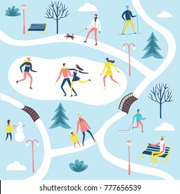 People resting and playing in the winter park. Different activities set. Including landscape. Cartoon map illustration for your design.