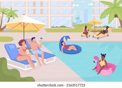 People resting at public outdoor poolside flat color vector illustration. Summer time recreation. Fully editable 2D simple cartoon characters with city on background. Bebas Neue font used