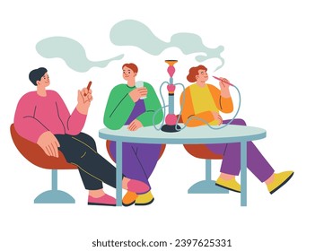 People resting and relaxing on weekends, isolated friends smoking hookah with pipes, sitting by table. Cartoon personages on weekend in pub or night club having fun enjoying life. Vector in flat style