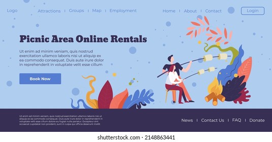 People resting and relaxing outdoors, picnic area online rentals. Book now and spend weekends on nature. People roasting marshmallows on fire. Website landing page template, vector in flat style 