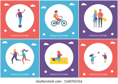 People resting and relaxing in park vector cartoon banner set. Running and playing games kids, couple walking and girl sitting on rug, active leisure