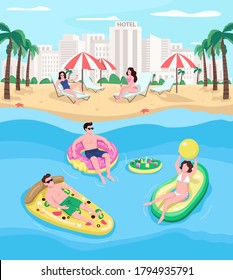 People resting at seaside resort flat color vector illustration. Students relaxing on inflatables. Summertime vacations. Spring break 2D cartoon characters with cityscape on background