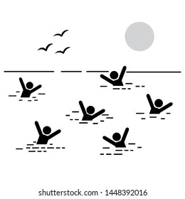 People Resting at Seaside. Weekend Relaxing Concept. Stick Figure Pictogram Icon. Vector Illustration