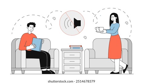 Pessoas descansando em silêncio. Homem e mulher se comunicam sem som no apartamento. Cuidar da saúde mental e psicológica. Ilustração de vetor linear isolada no plano de fundo branco