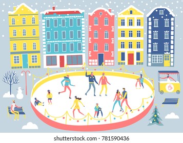 People resting and skating in the winter city. Including European architecture and big ice rink. Cartoon seasonal illustration for your design.