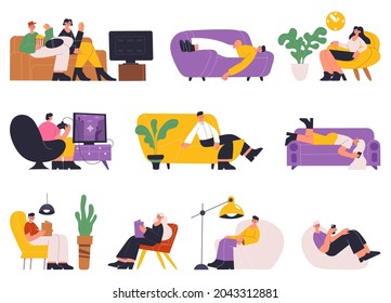 People resting, sleeping, reading books on sofa. Young women and men relaxing, time on sofa or cozy couch vector illustration set. Characters relaxing at home and dream, male female relaxation