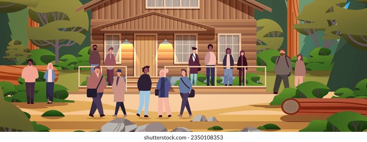 people resting in wooden holiday house in forest cottage among trees suburban real estate summer adventure trip vacation