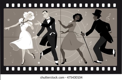 People in retro stile costumes dancing in an old movie frame, EPS 8 vector illustration, no transparencies