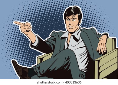 People in retro style pop art and vintage advertising. Sitting man points a finger