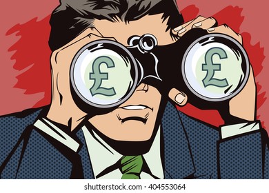 People in retro style pop art and vintage advertising. Man with binoculars monitors the rate of the pound.