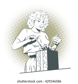 People in retro style pop art and vintage advertising. Cute girl opens a gift.